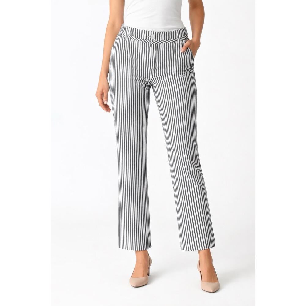 St John Coastal Summer Navy Striped Stretch Cotton Ankle Trousers Pants Sz 8 M